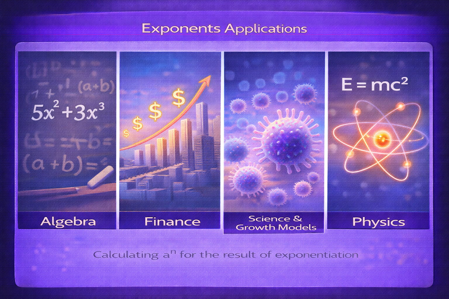 Exponents applications in algebra finance science growth models physics